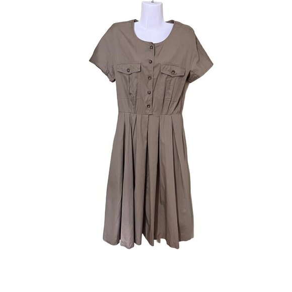 J.G. Hook Button-Down Pleated  ShirtDress Size 10 Tan Pockets Demure - Picture 1 of 12